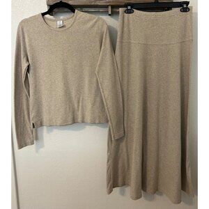 Peruvian Connection Women's Beige Cotton / Lycra Knit Top Maxi Skirt Set S Boho